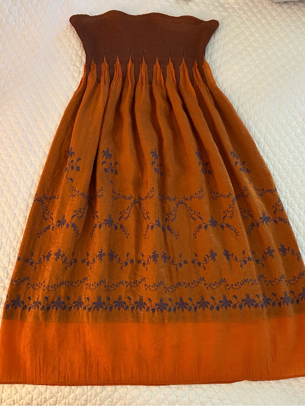 Lapis burn Orange and Embroidered blue Smocked-Waist Maxi Skirt or tube dress